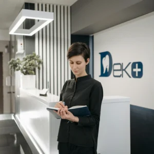 Female receptionist writing notes at dental office reception. Professional healthcare setting.