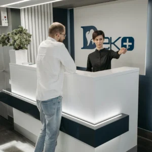 Modern dental clinic reception area with a receptionist assisting a patient.
