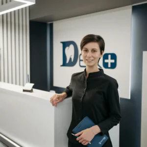 Smiling receptionist in a modern dental clinic lobby.
